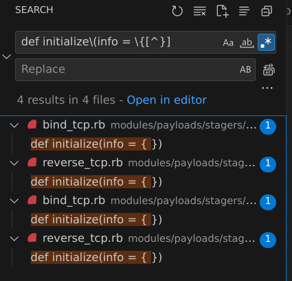 A screenshot of a VSCode search across the metasploit-framework codebase, showing that there were no instances of info having any arguments